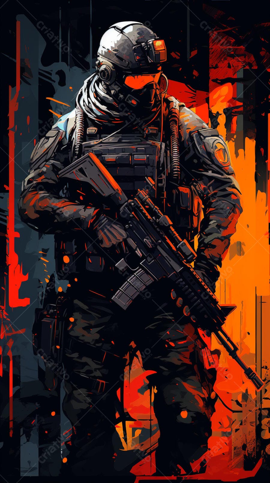 Soldado com rifle em cenário urbano