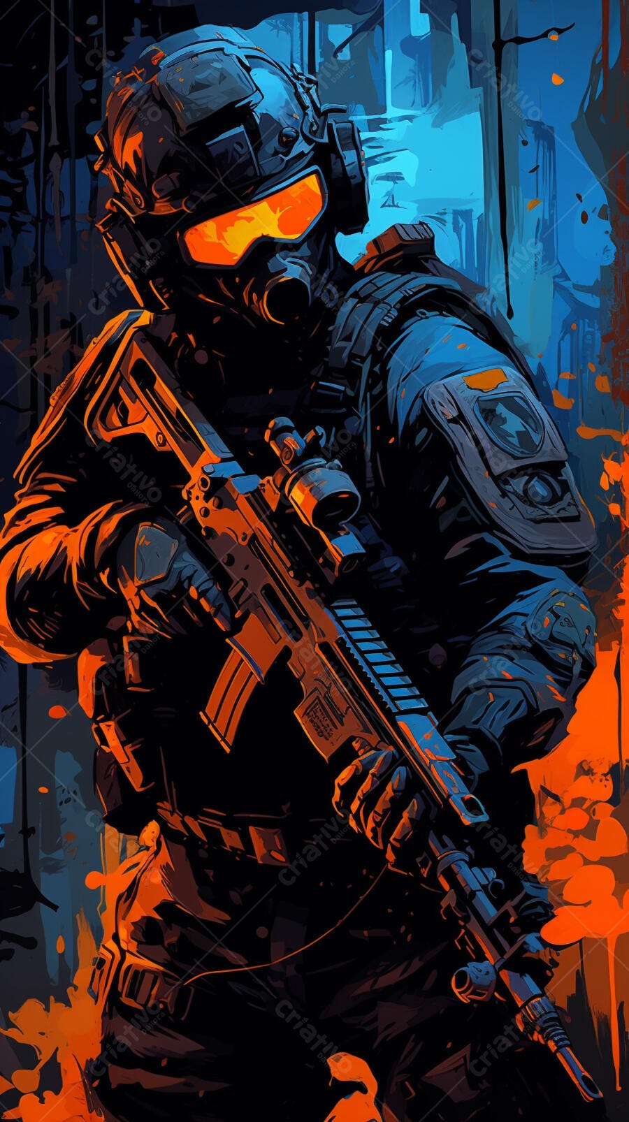 Soldado com rifle em cenário urbano noturno