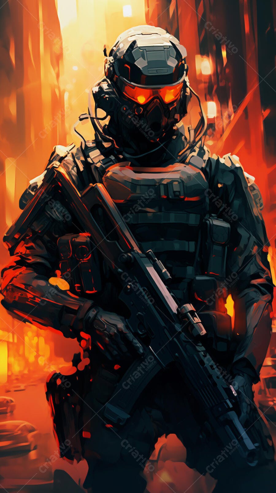 Soldado futurista com arma em cenário urbano