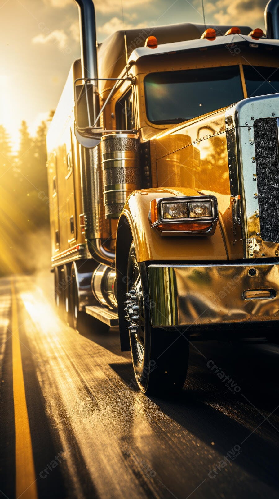 Caminhão dourado em estrada ao pôr do sol