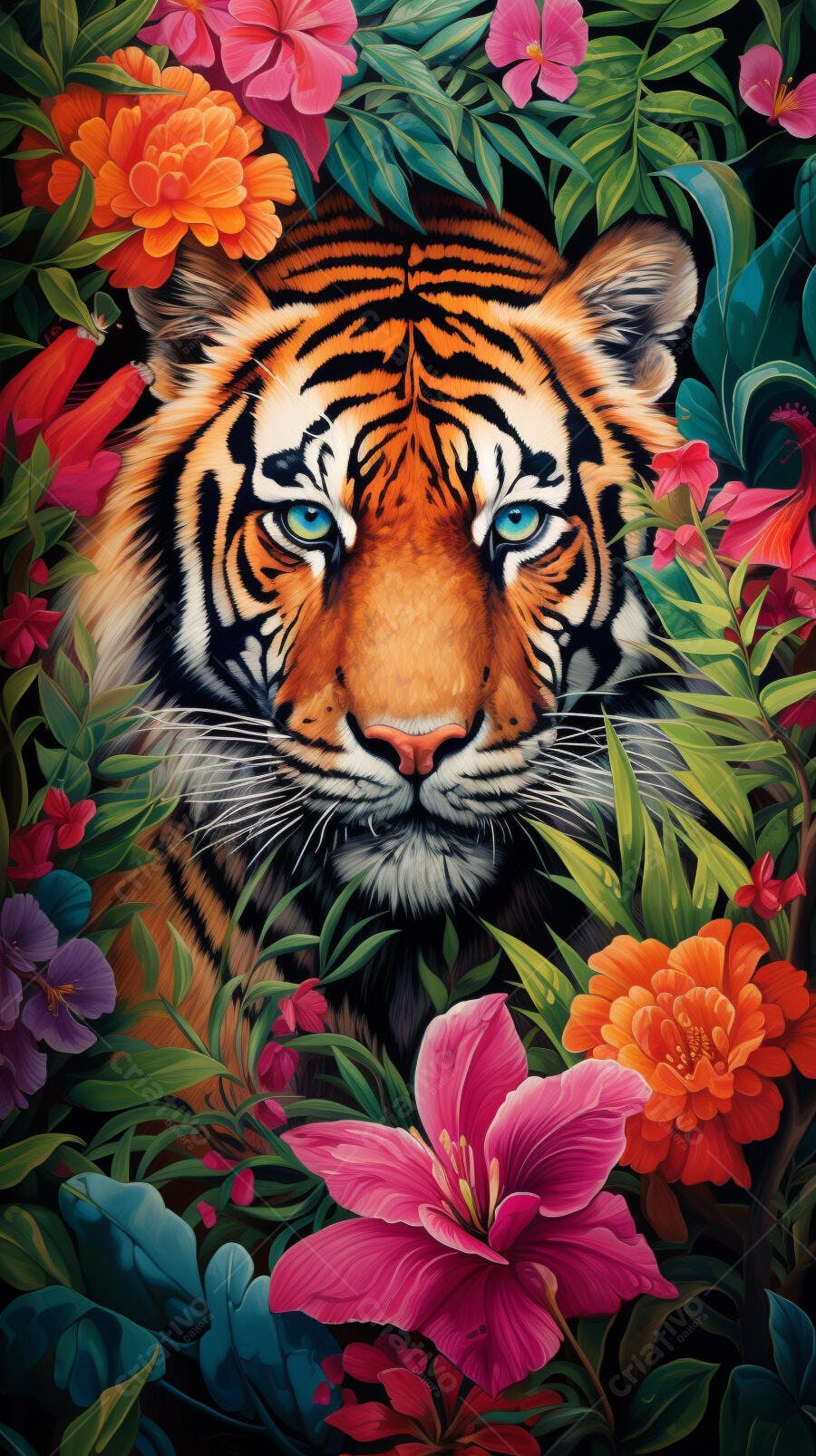 Tigre Olhando entre Flores Tropicais