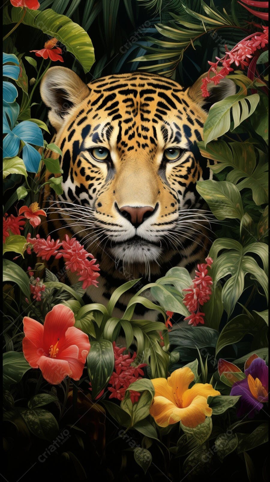 Jaguar na Floresta Tropical Flores Vibrantes