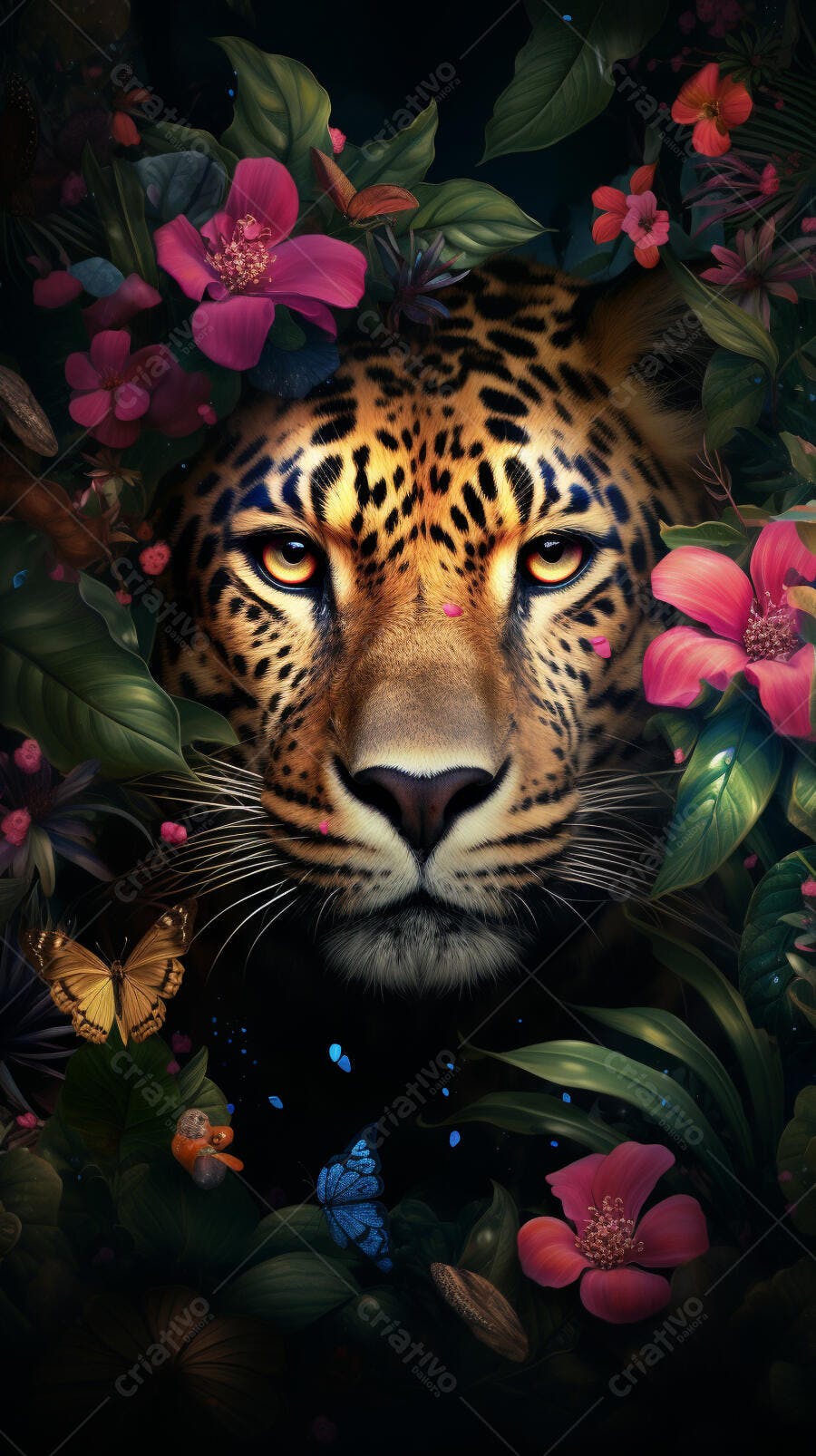 Leopardo em meio a flores tropicais
