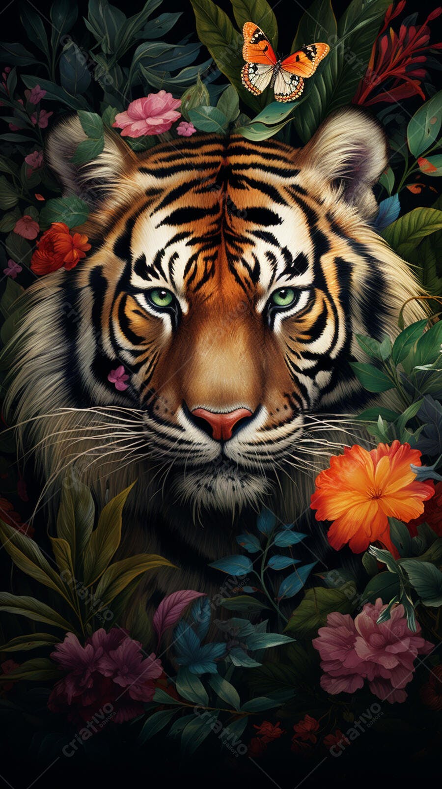 Tigre em meio a flores tropicais