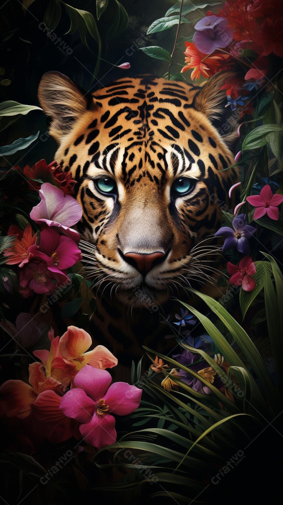Jaguar Olhos Azuis Flores Tropicais