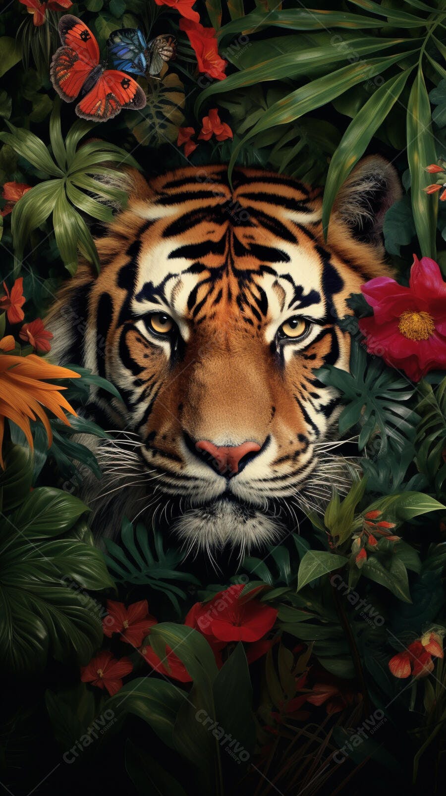 Tigre em meio a vegetação tropical exuberante