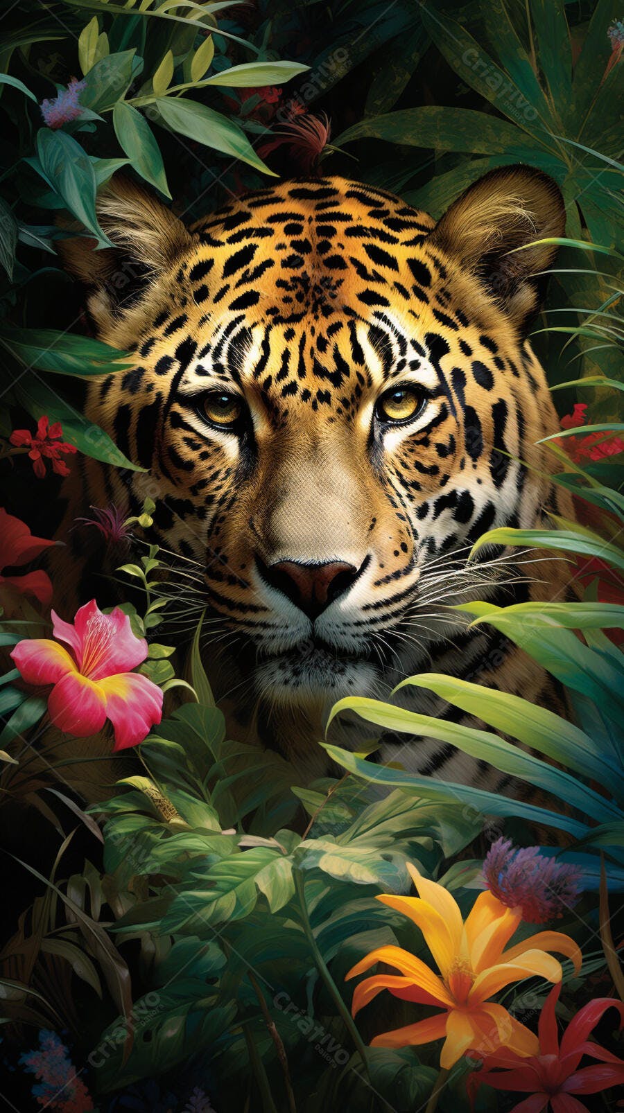Jaguar em meio a flores tropicais