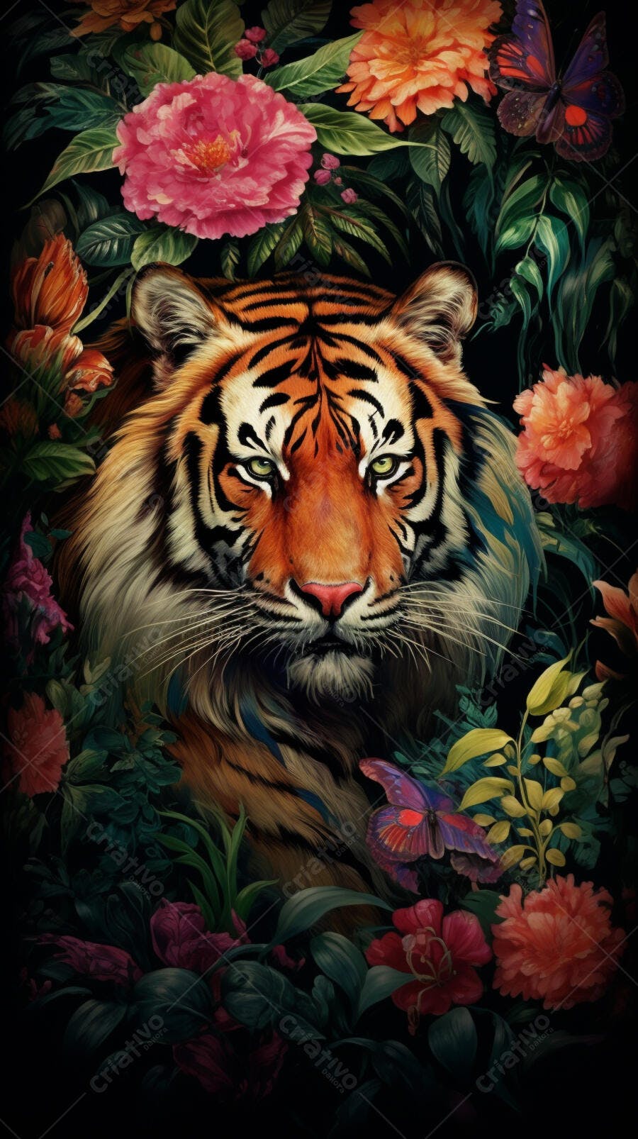 Tigre em meio a flores vibrantes
