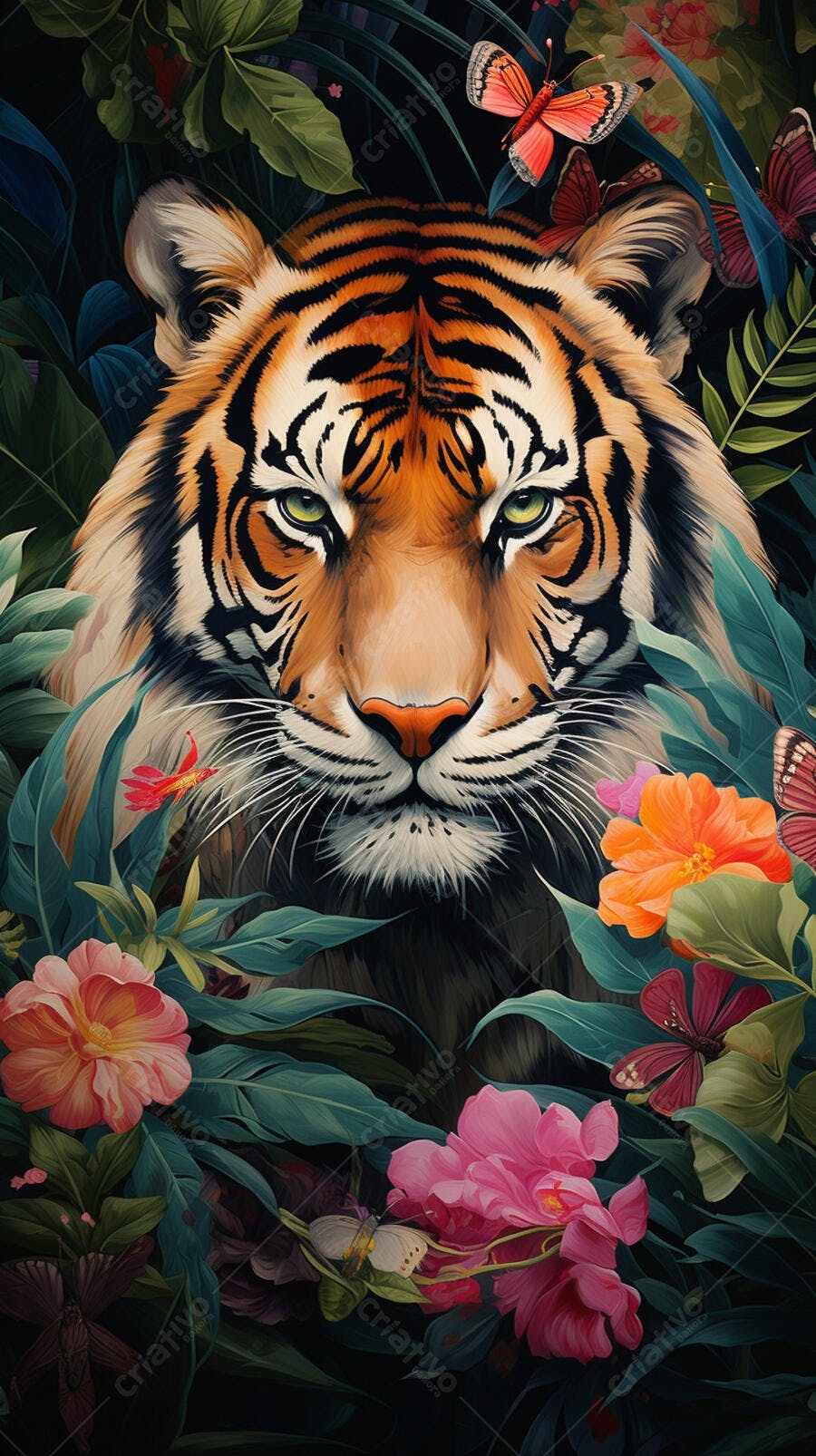 Tigre em meio a flores tropicais