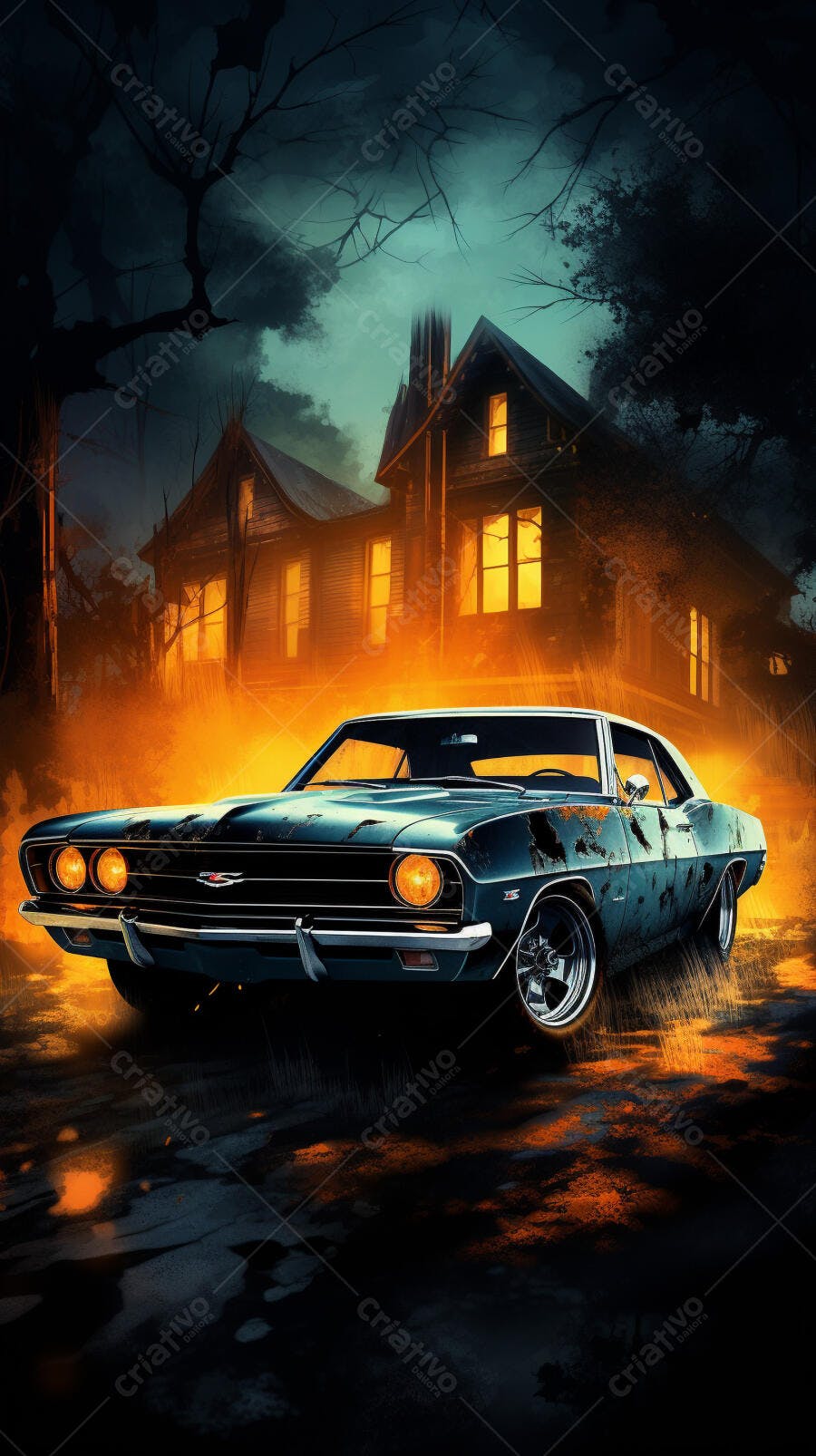 Muscle Car em Casa Assombrada à Noite