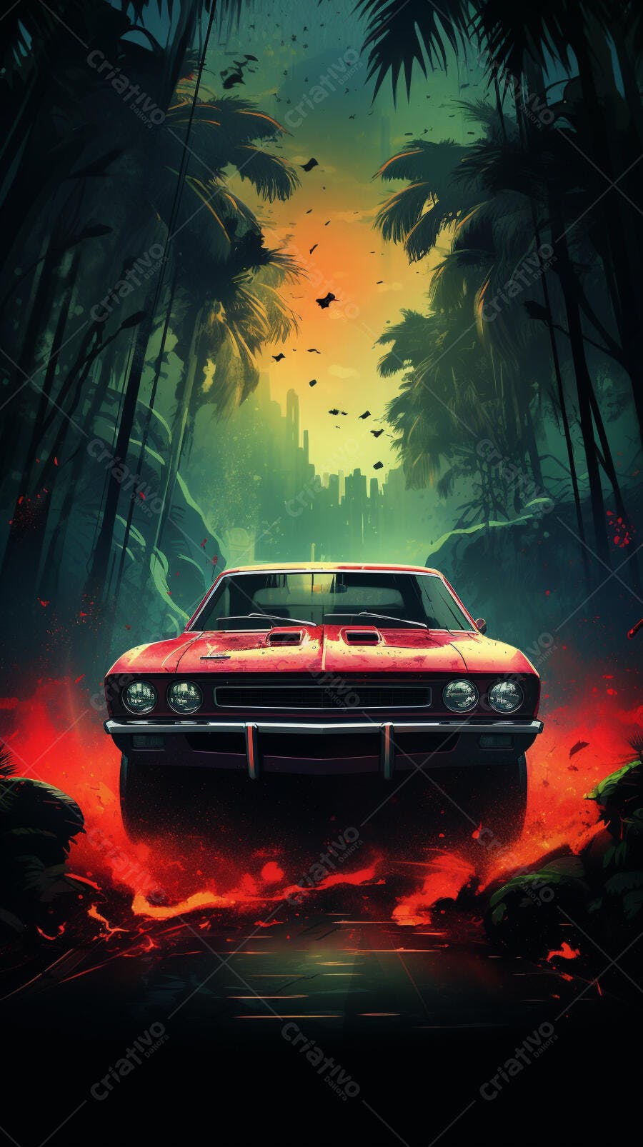 Muscle Car Vermelho em Trilha Tropical