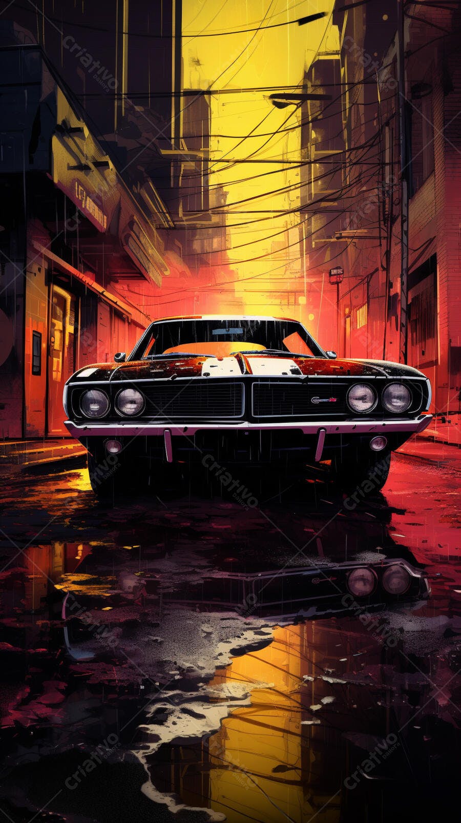 Muscle Car Chuvoso em Beco Noturno