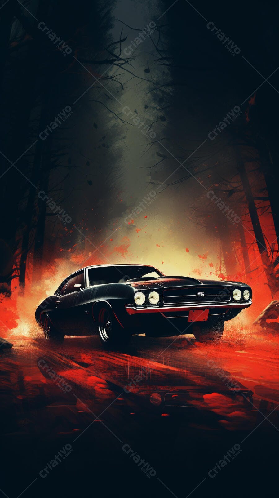 Muscle Car em Floresta Noturna