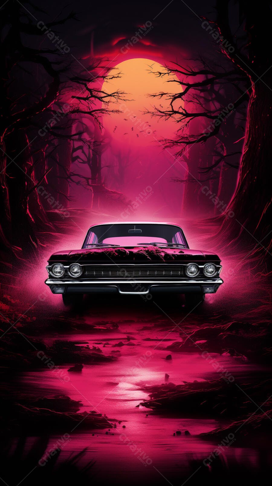 Carro antigo em floresta noturna