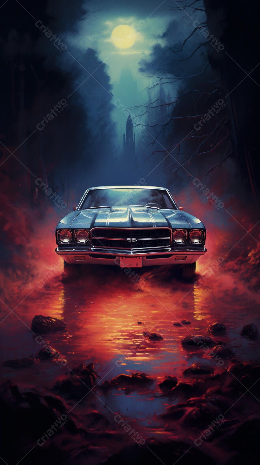 Muscle Car em estrada noturna escura