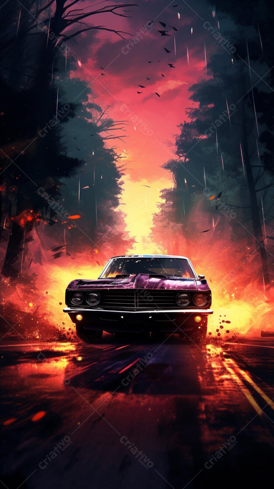 Muscle Car em estrada escura ao entardecer