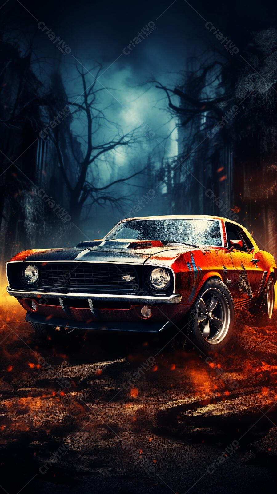 Muscle Car em Fogo Paisagem Noturna