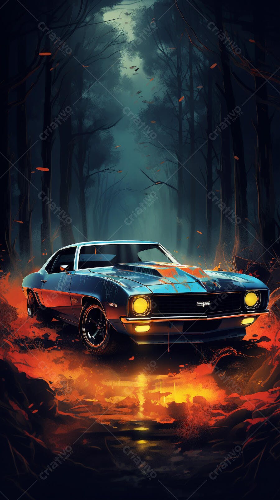 Muscle Car em Floresta Noturna