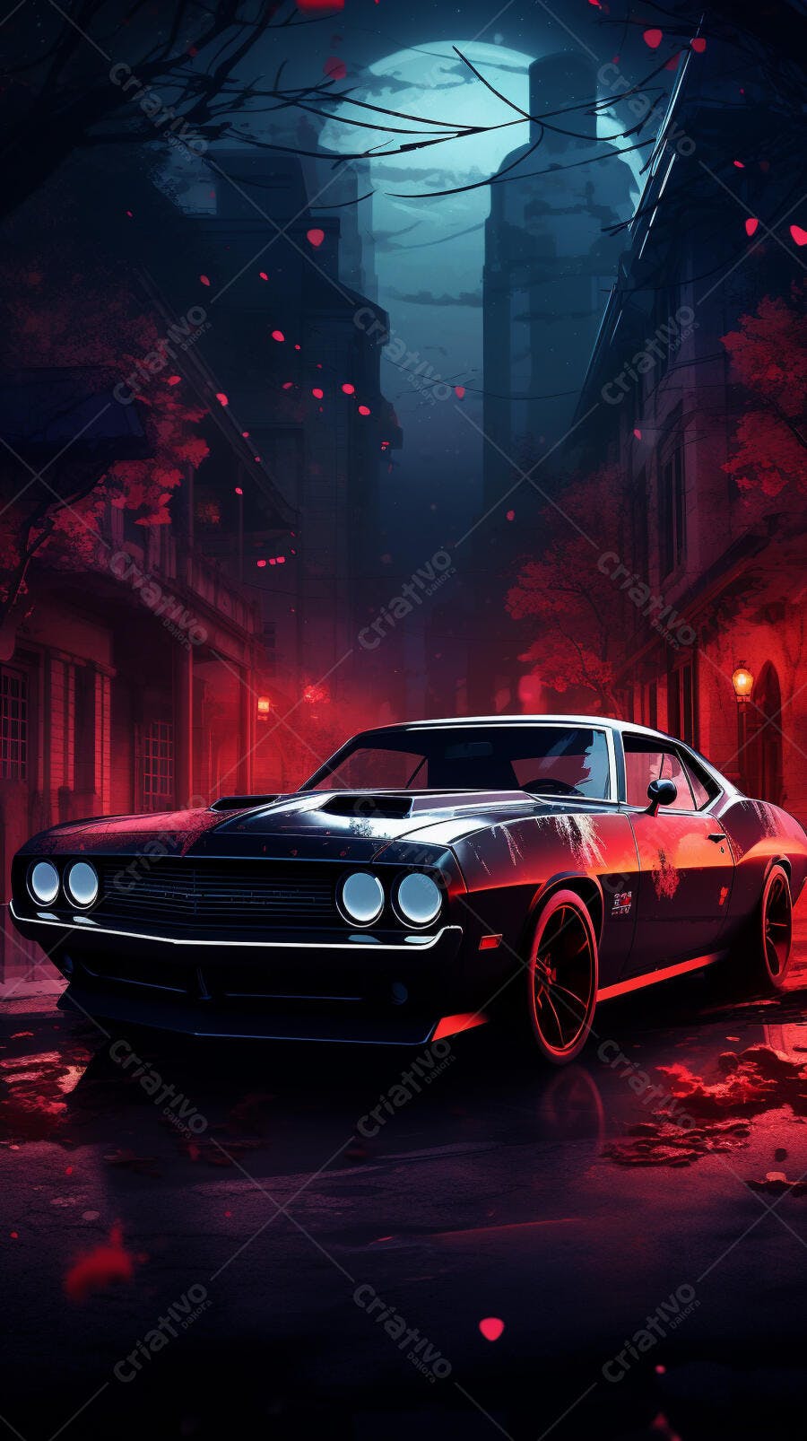 Muscle Car Preto em Rua Noturna