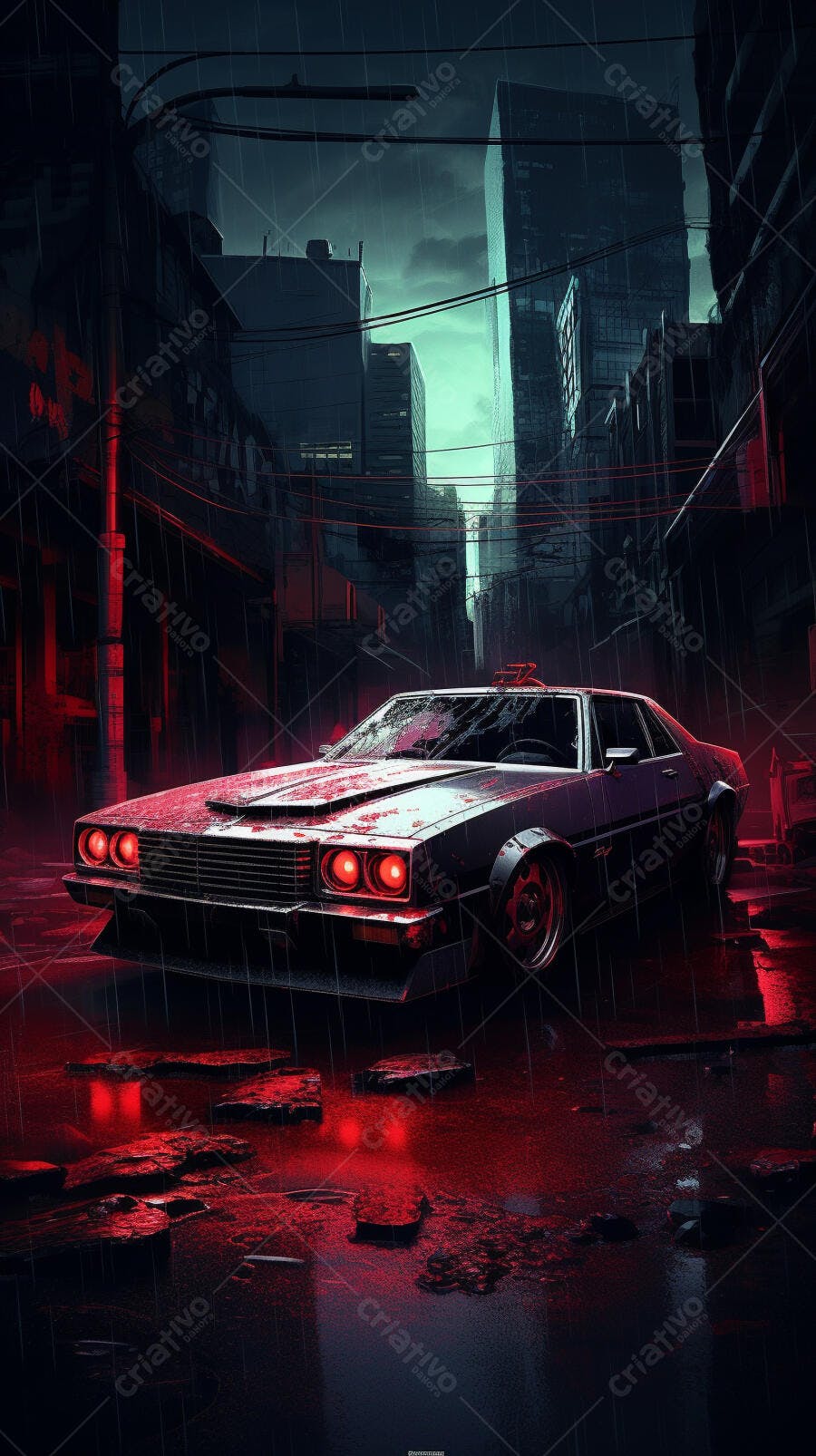 Carro clássico em rua chuvosa noturna