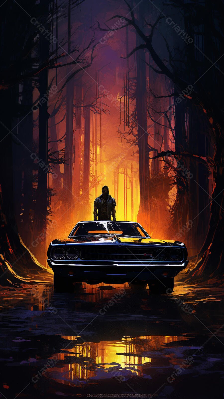 Homem em Muscle Car em Floresta de Fogo