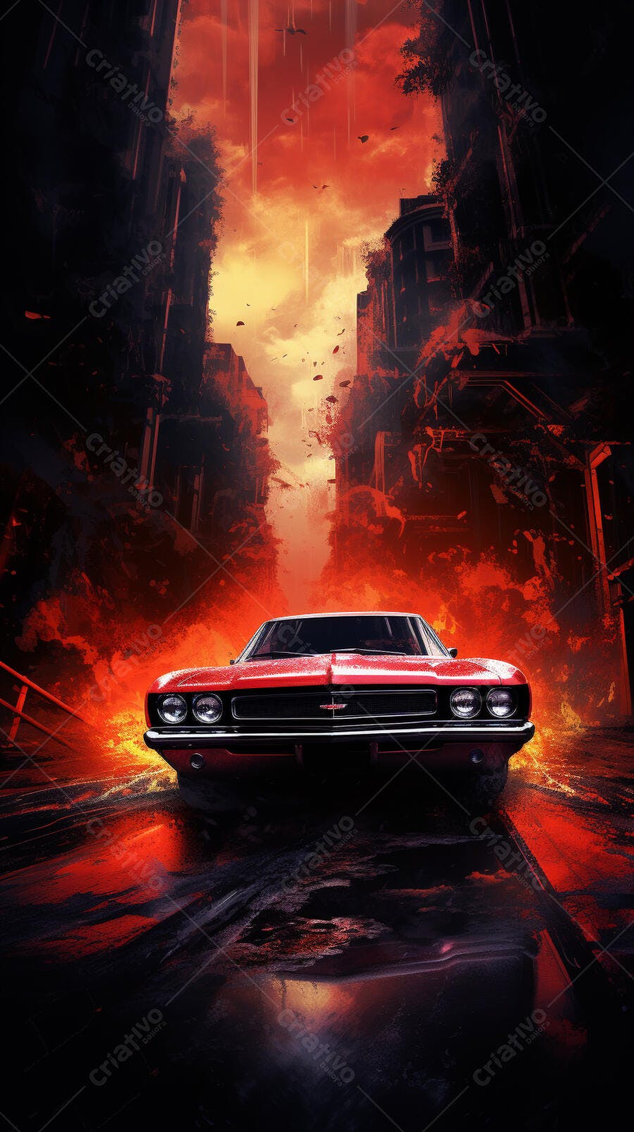 Muscle Car Vermelho em Cidade Pós-Apocalíptica