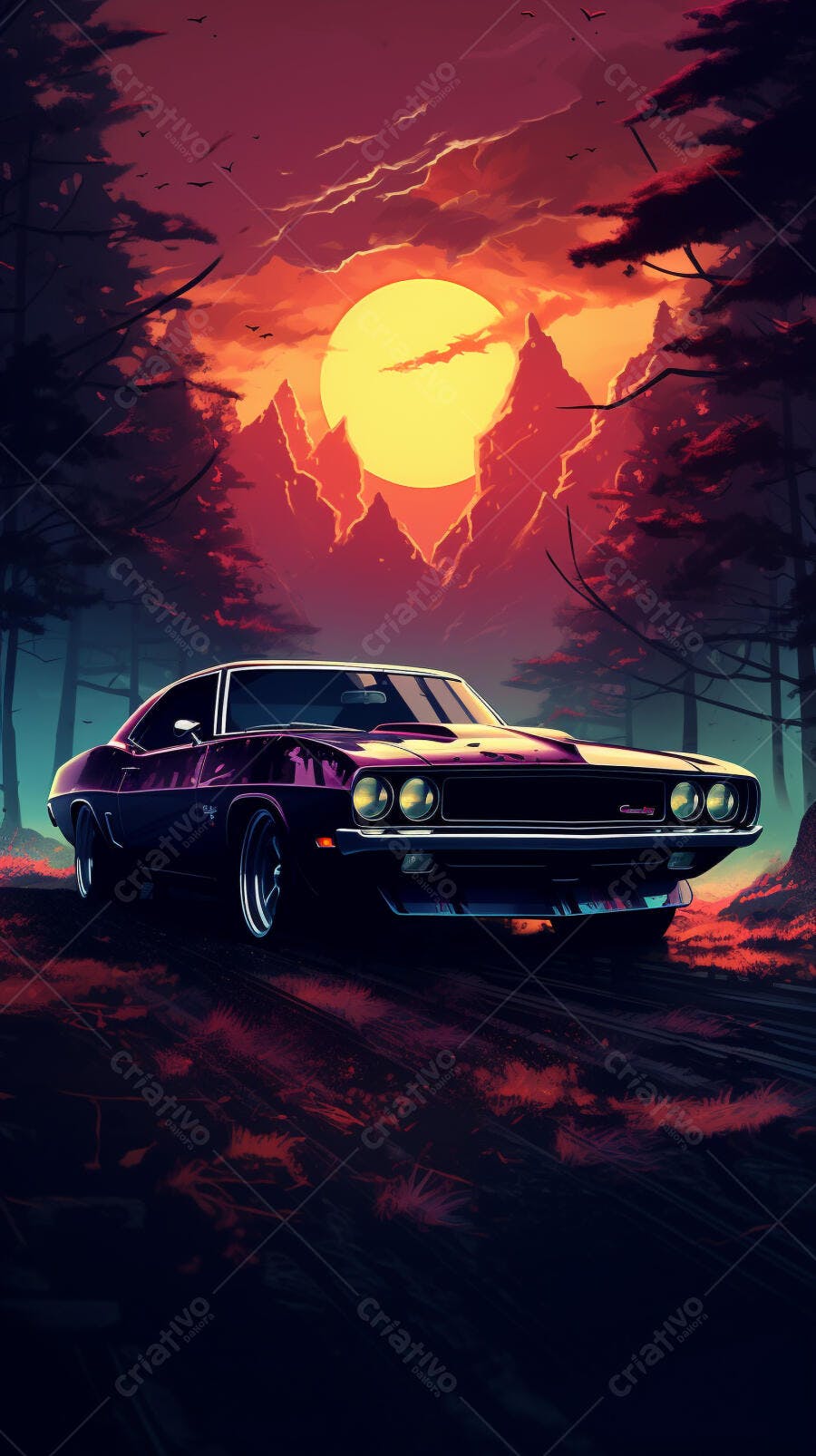 Muscle Car ao Pôr do Sol Montanhoso
