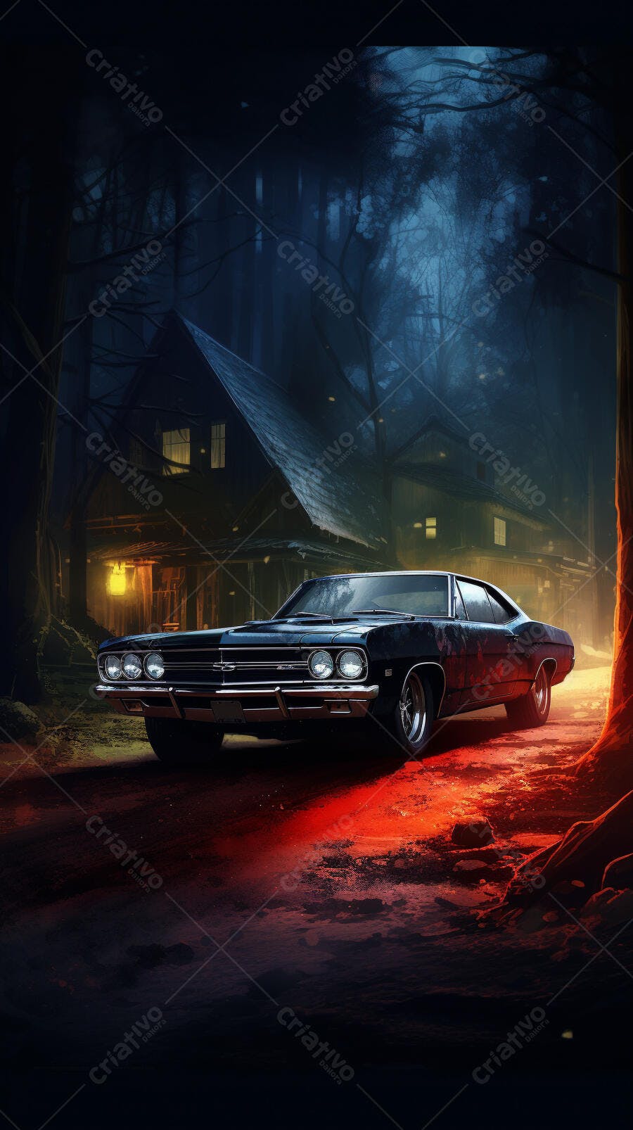 Muscle Car em Floresta Noturna