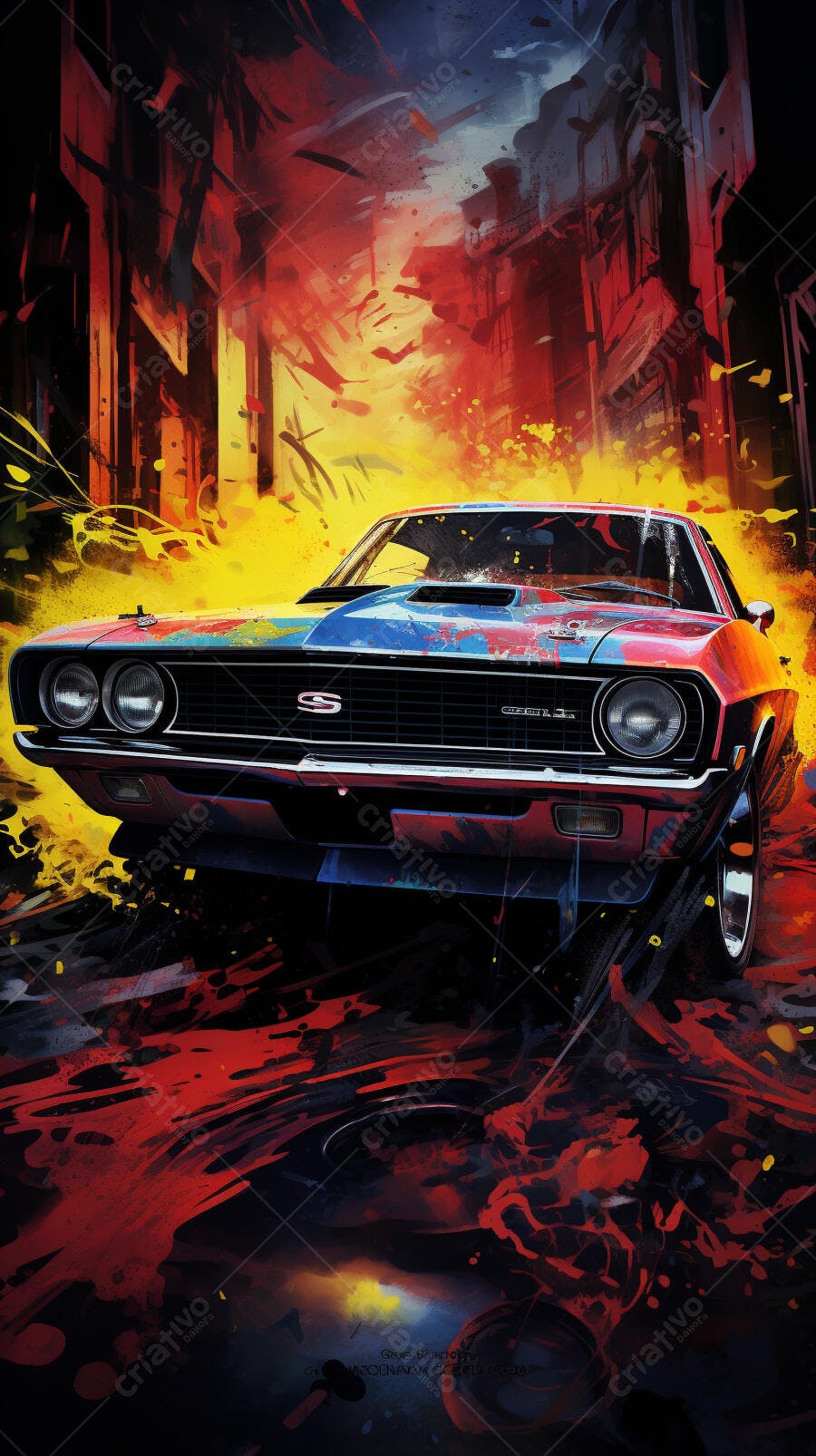 Muscle Car Vermelho e Azul em Cenário Urbano