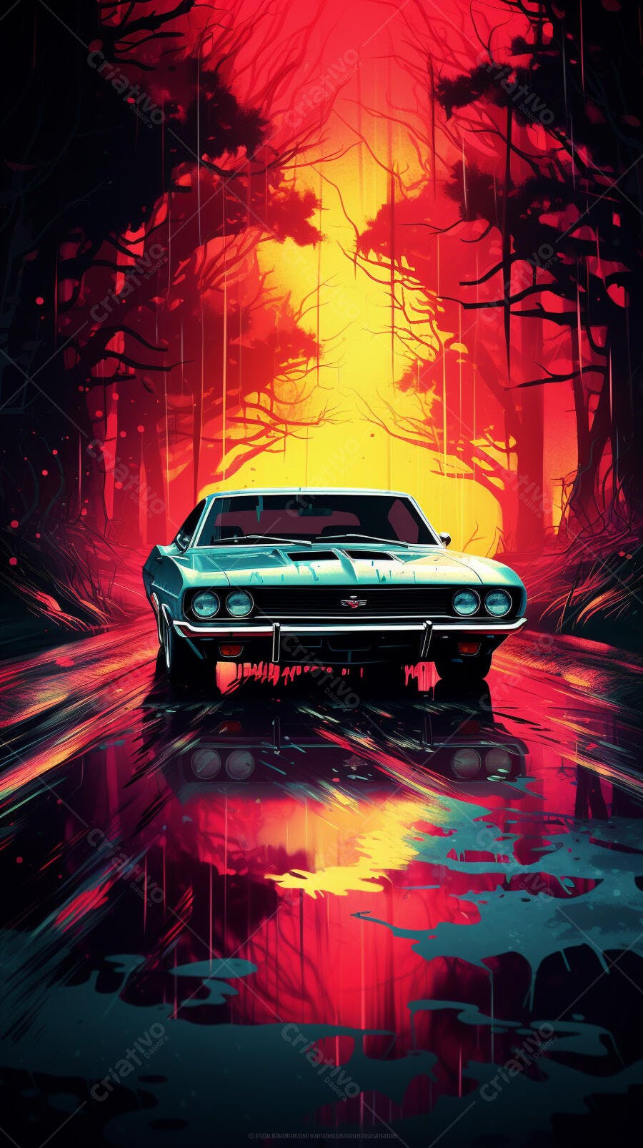 Muscle Car em estrada escura sob céu vermelho