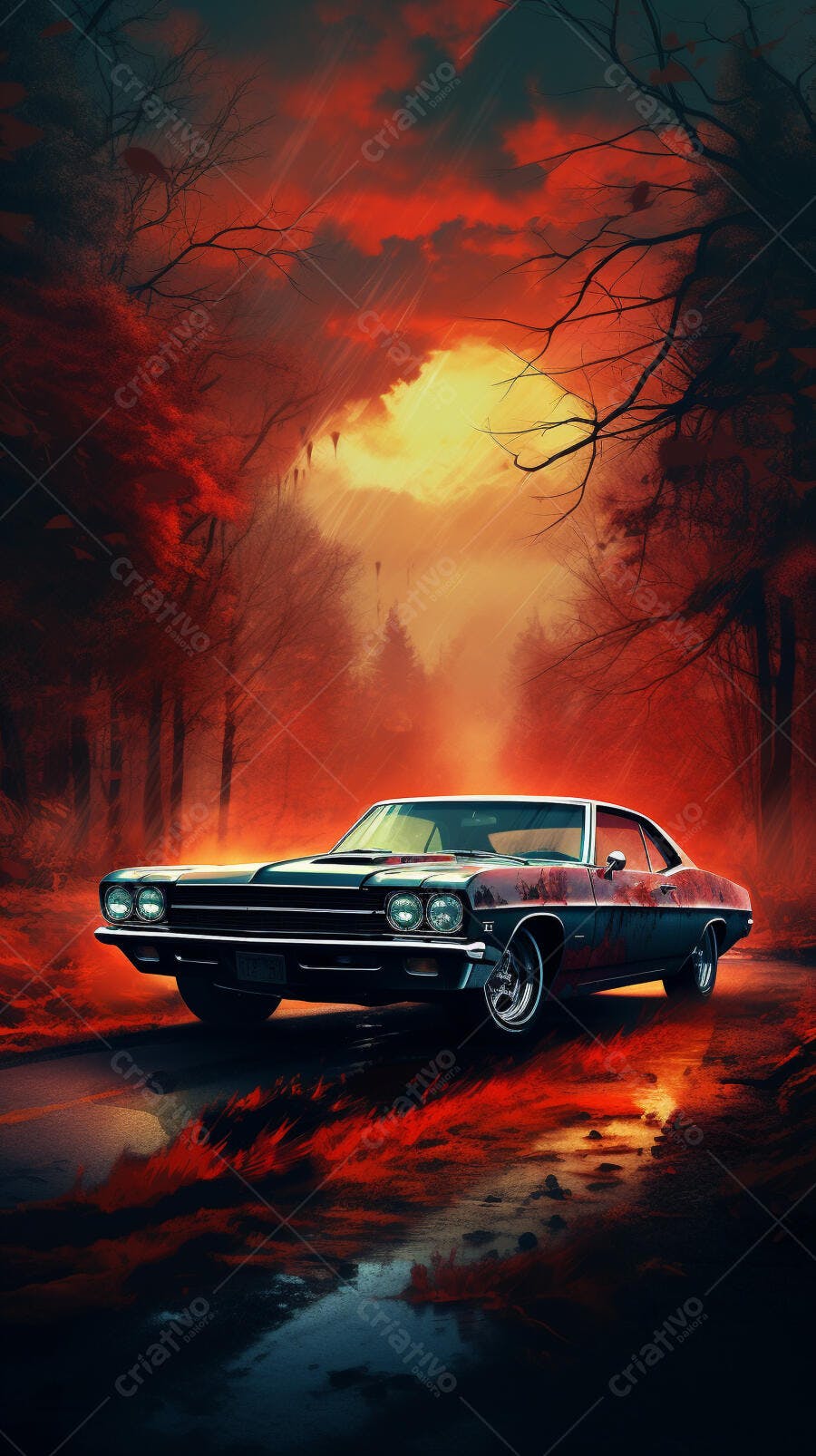 Muscle Car em Estrada Sombria Vermelha