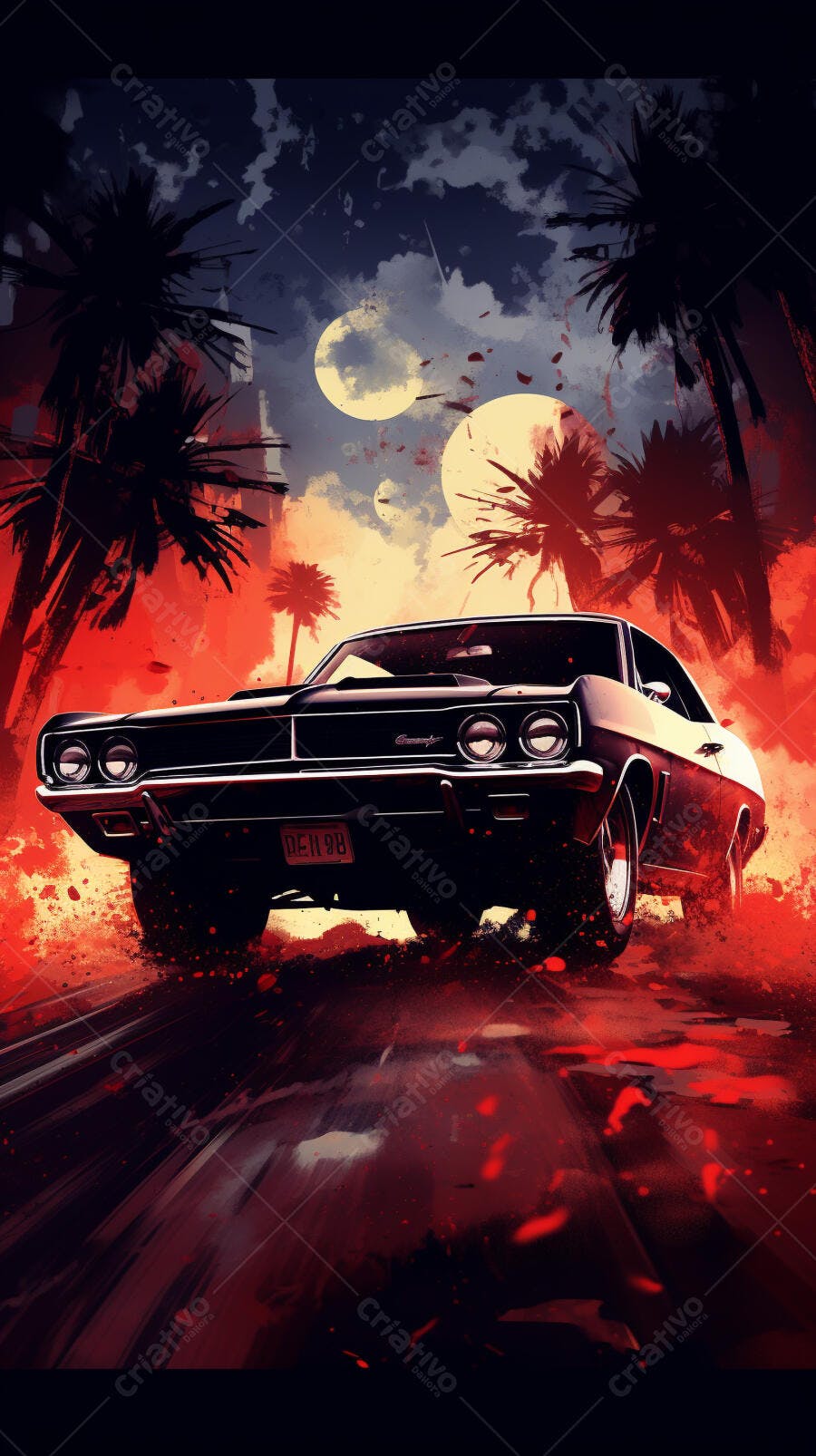 Muscle Car em estrada noturna paisagem tropical