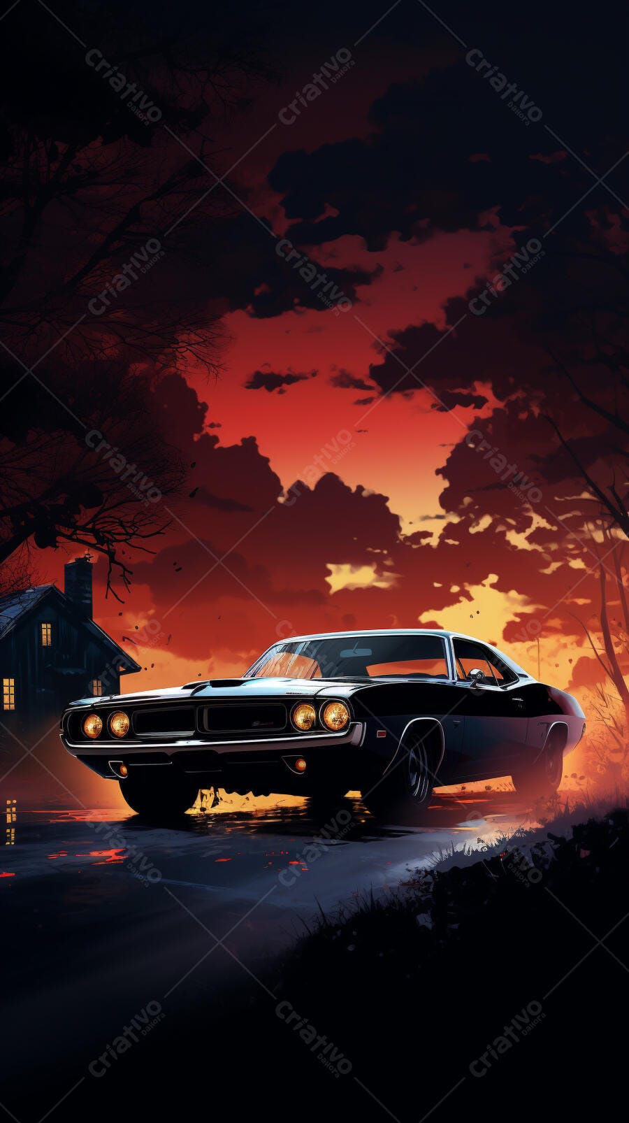 Muscle Car ao Pôr do Sol Vermelho