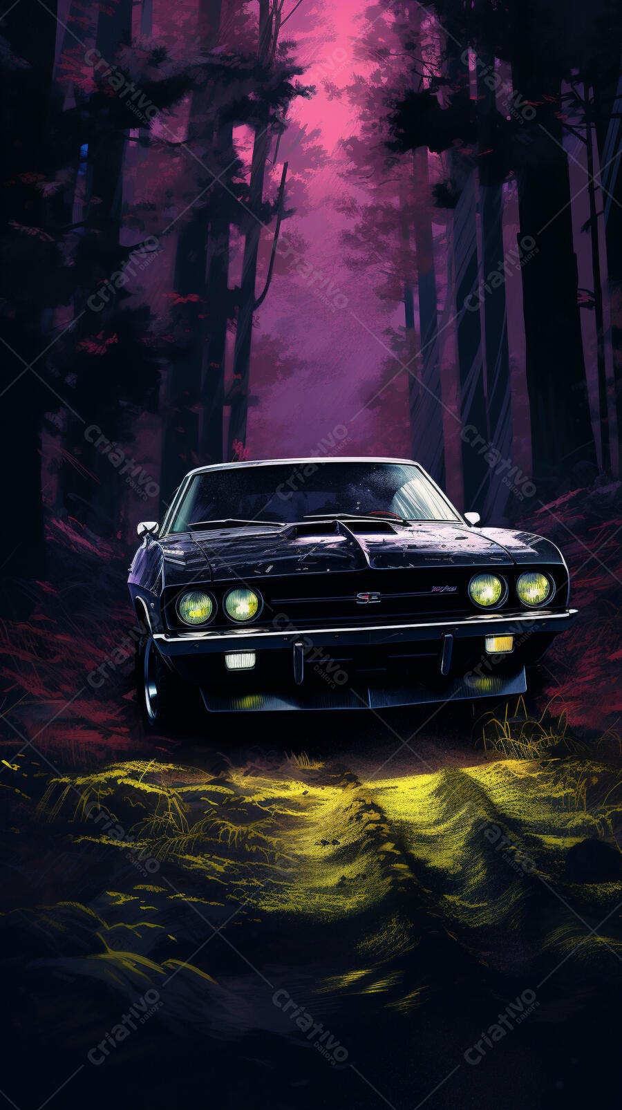 Muscle Car em Floresta Noturna