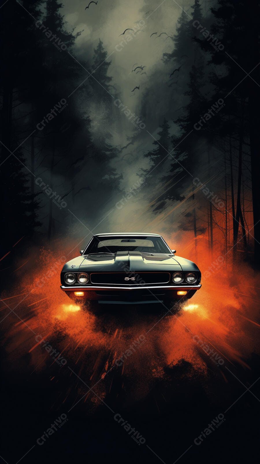 Muscle Car em estrada escura de floresta