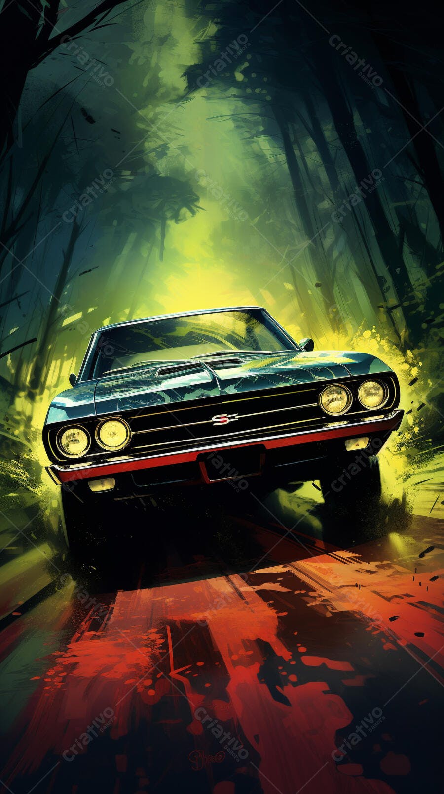 Muscle Car em Floresta Verde