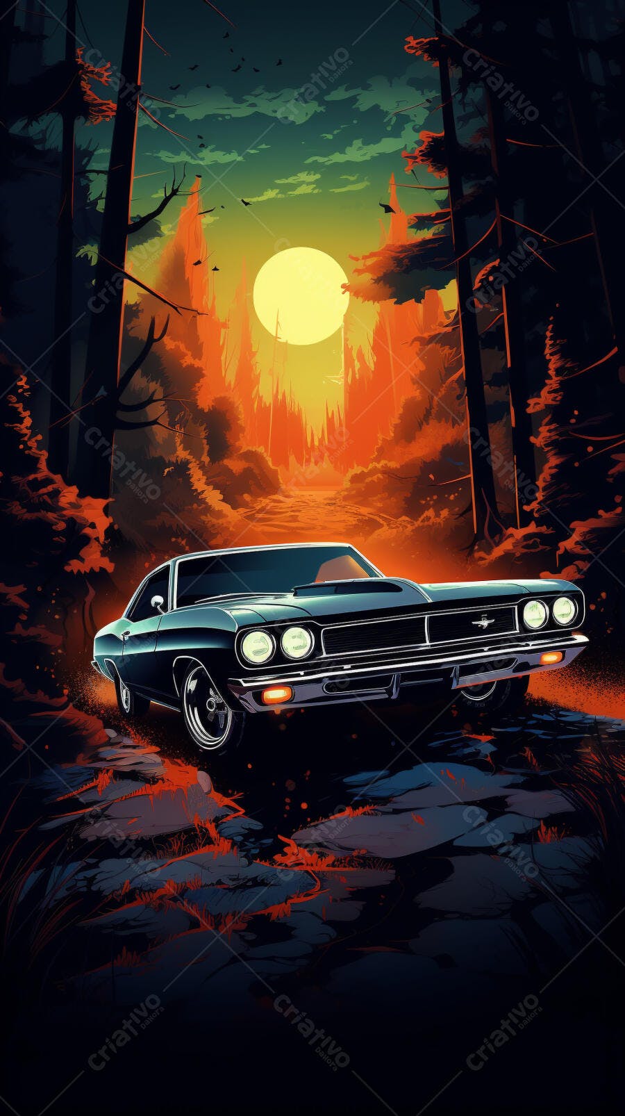 Muscle Car em estrada florestal ao pôr do sol