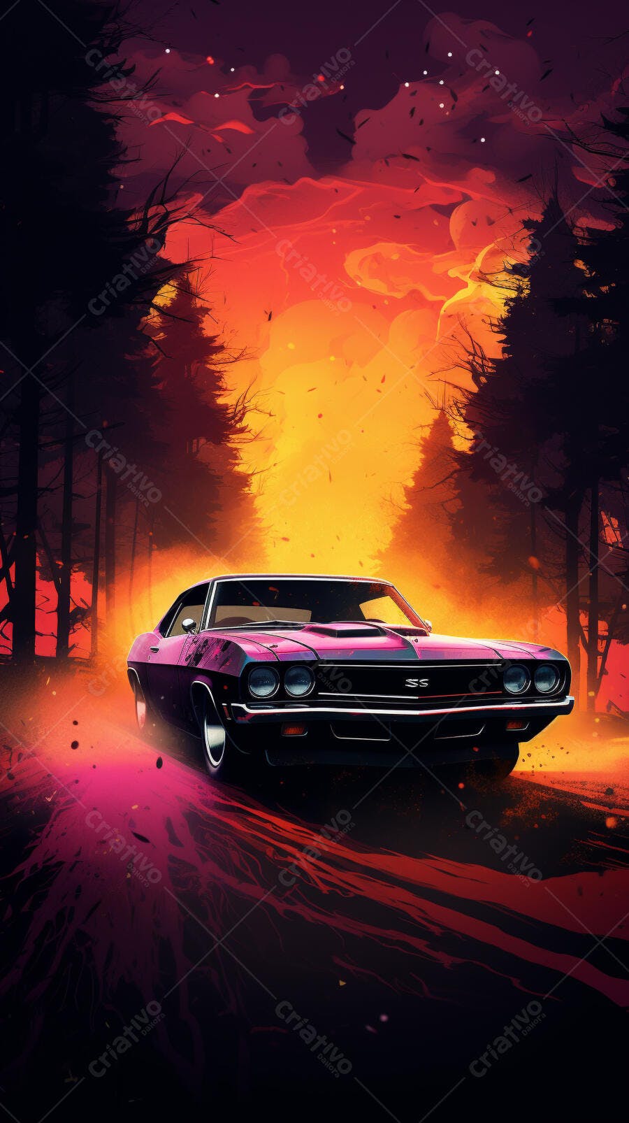 Muscle Car em estrada florestal ao entardecer