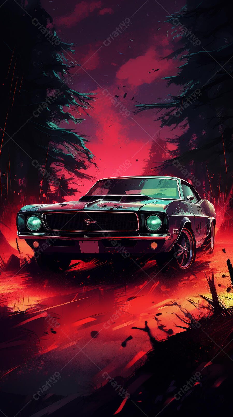 Muscle Car em floresta vermelha ao entardecer