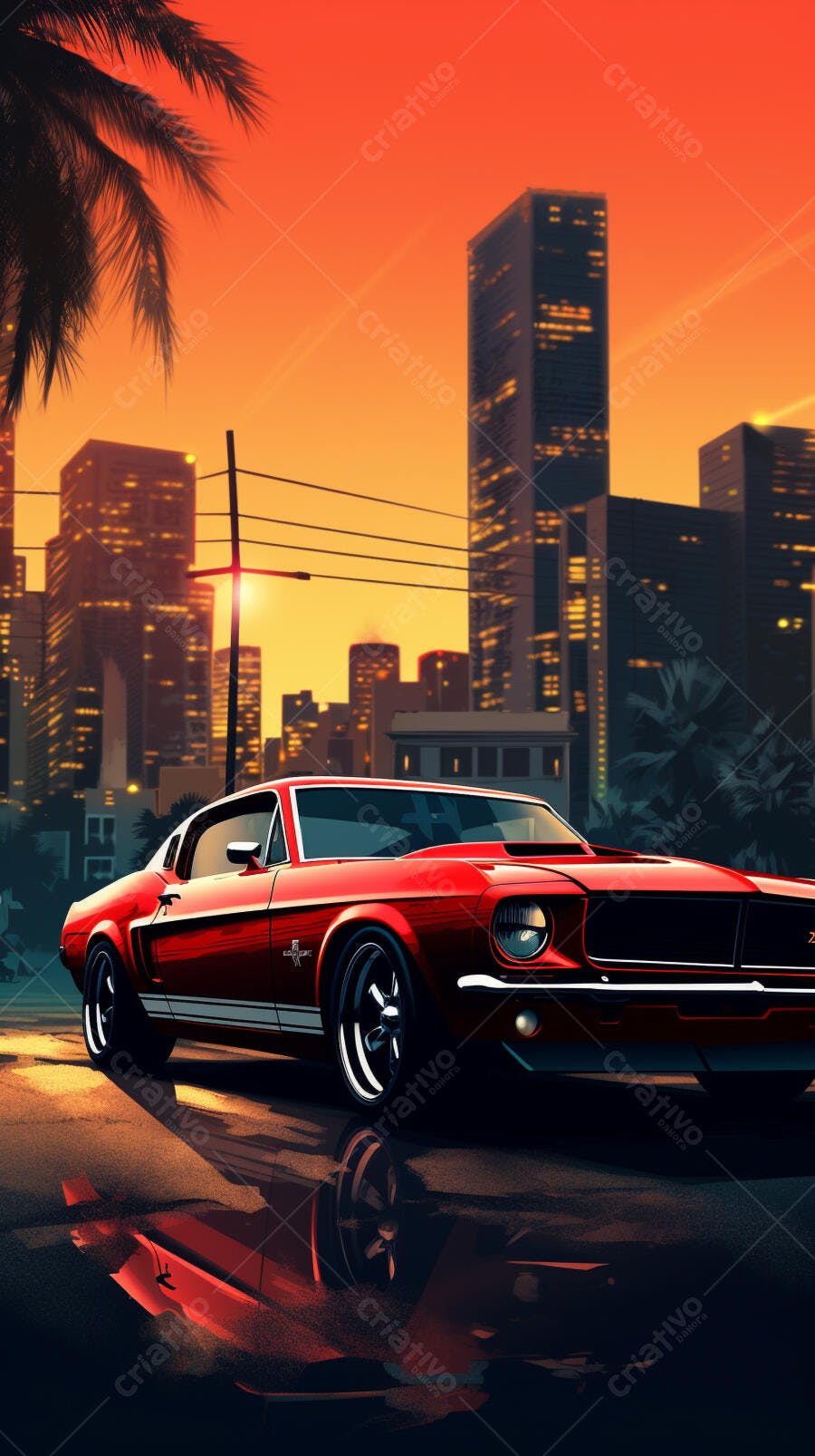 Mustang vermelho ao entardecer na cidade