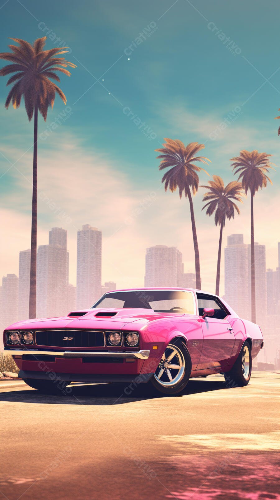 Muscle Car Rosa em Paisagem Tropical