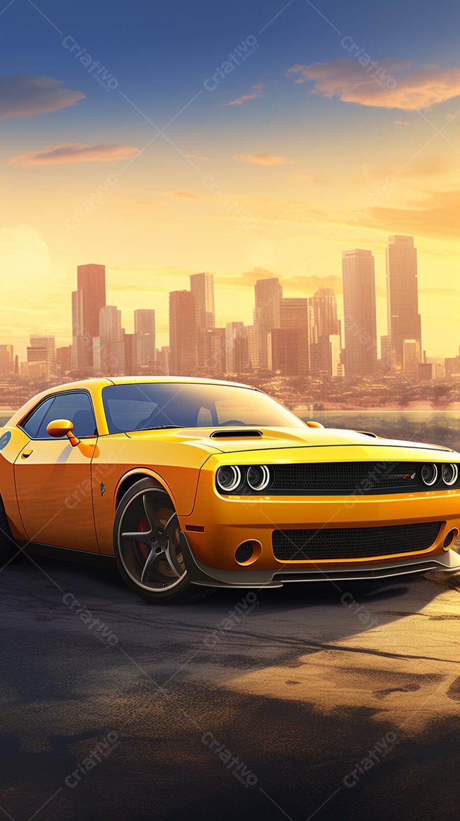 Muscle Car Amarelo ao Pôr do Sol
