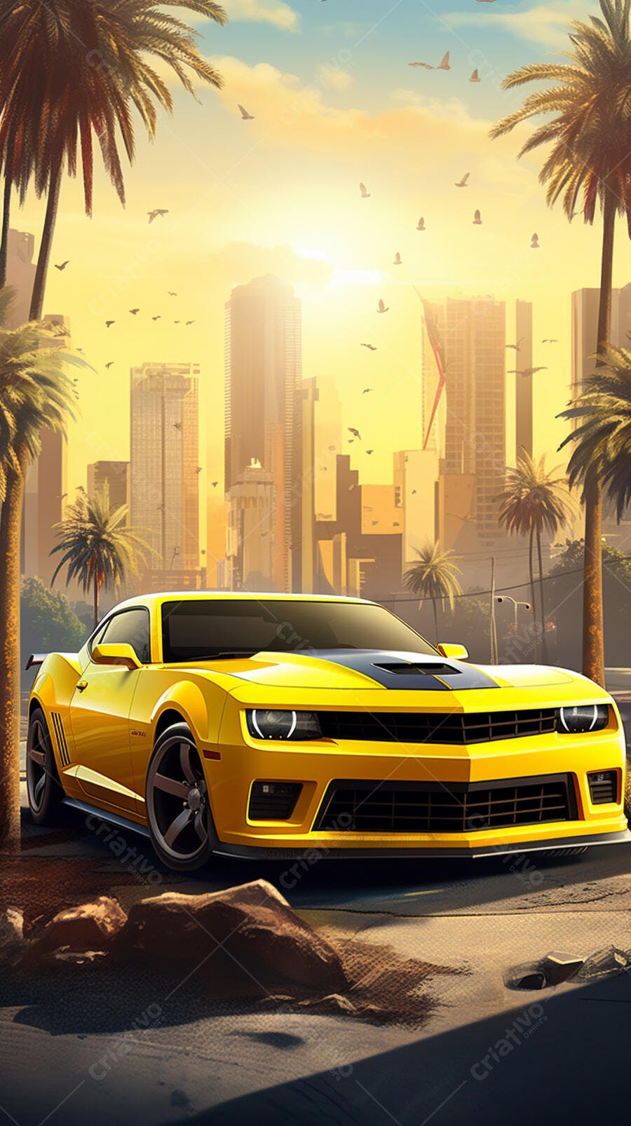 Muscle Car Amarelo em Los Angeles ao Pôr do Sol