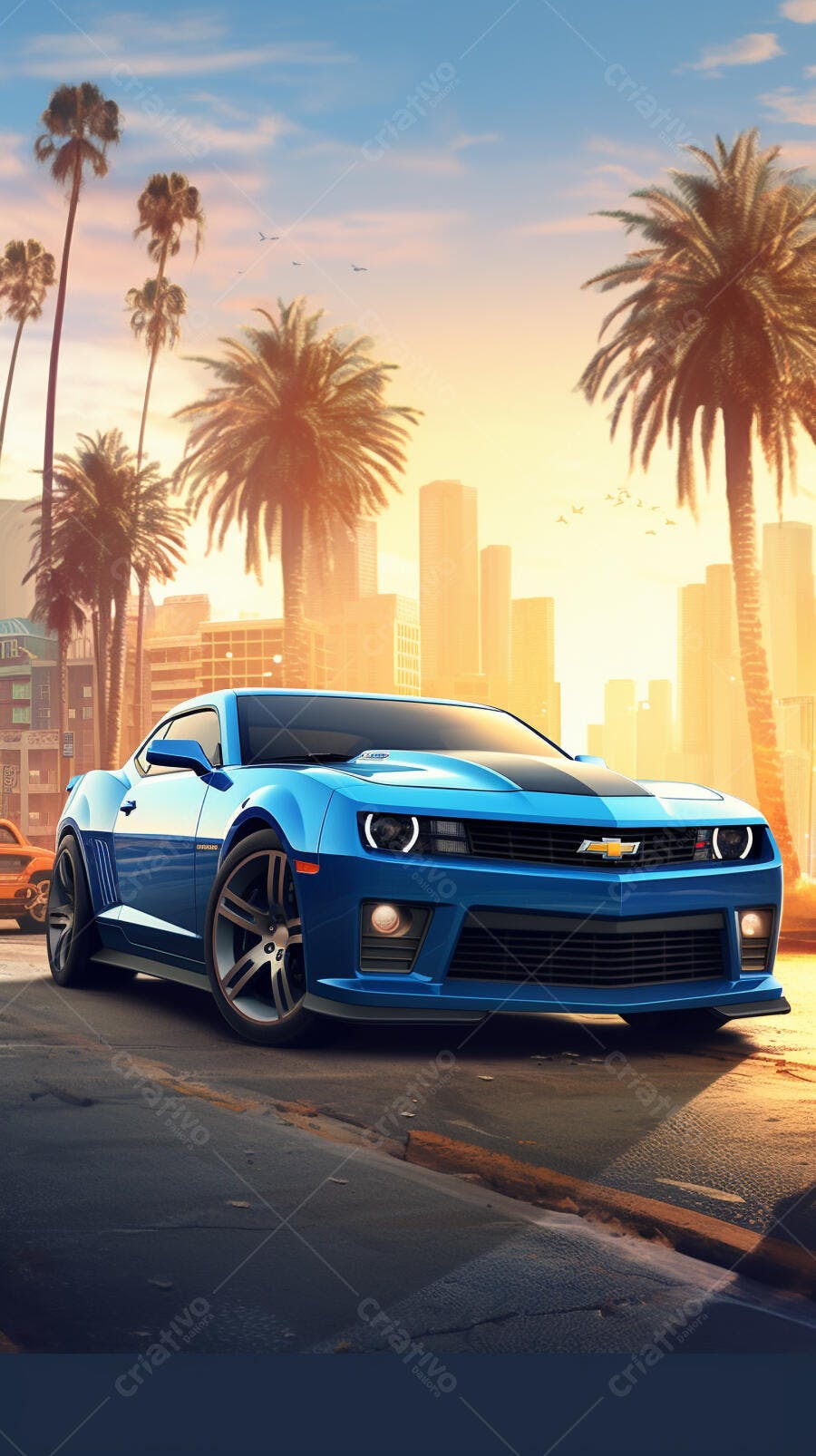 Chevrolet Camaro Azul no Pôr do Sol