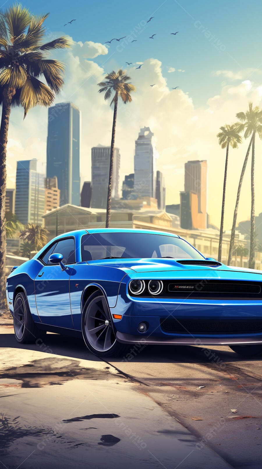 Dodge Challenger Azul em paisagem urbana