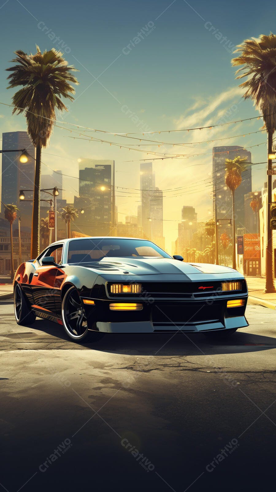 Muscle Car Preto e Laranja em Los Angeles ao Amanhecer