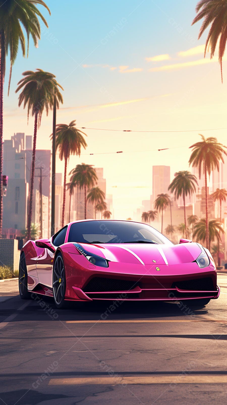Ferrari rosa em cenário urbano ao entardecer