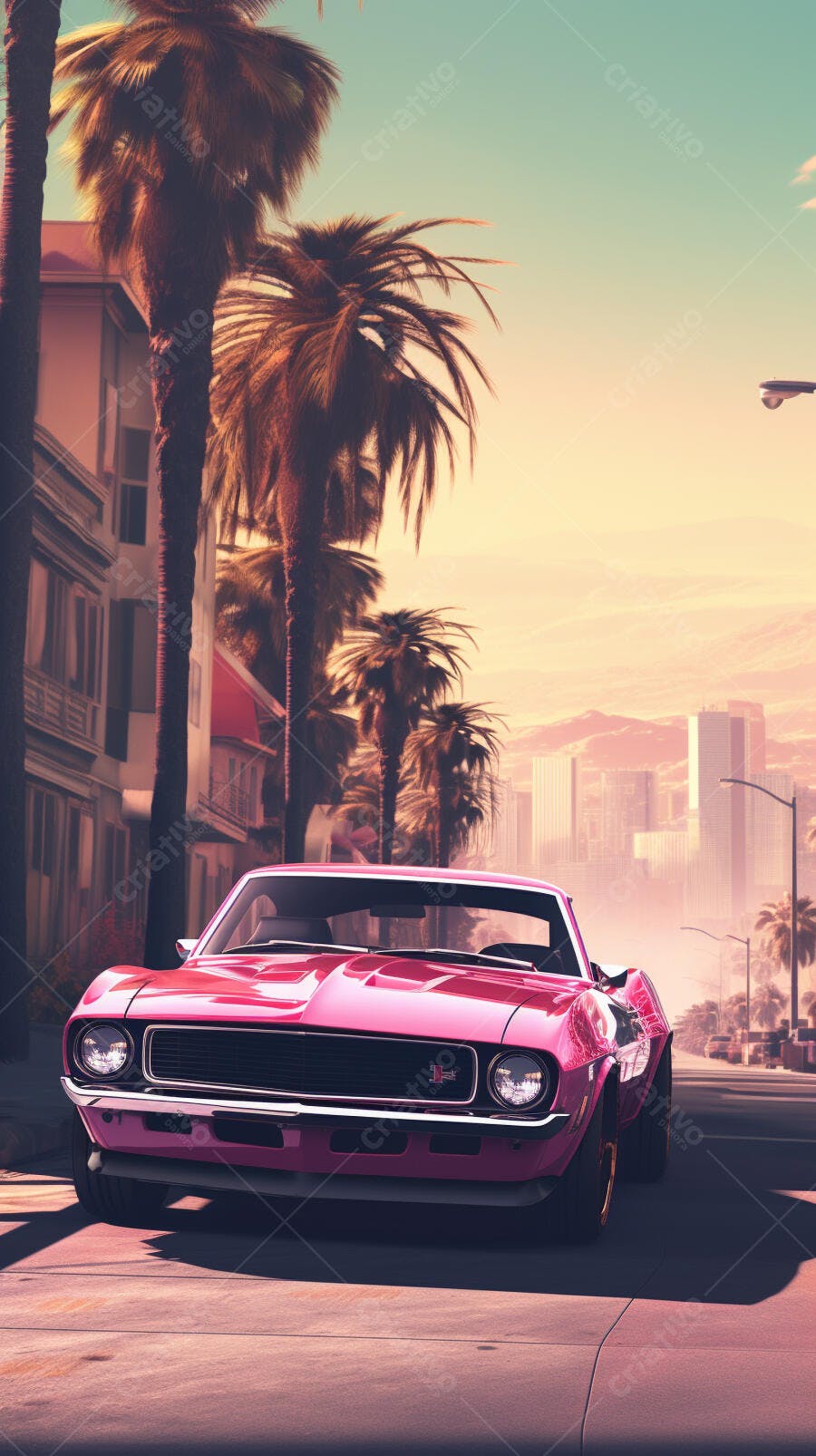 Muscle Car Rosa em Rua com Palmeiras