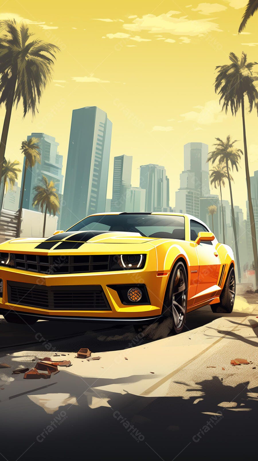 Muscle Car Amarelo em Cidade Ensolarada