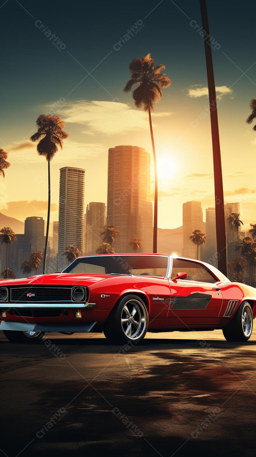 Muscle Car Vermelho ao Pôr do Sol